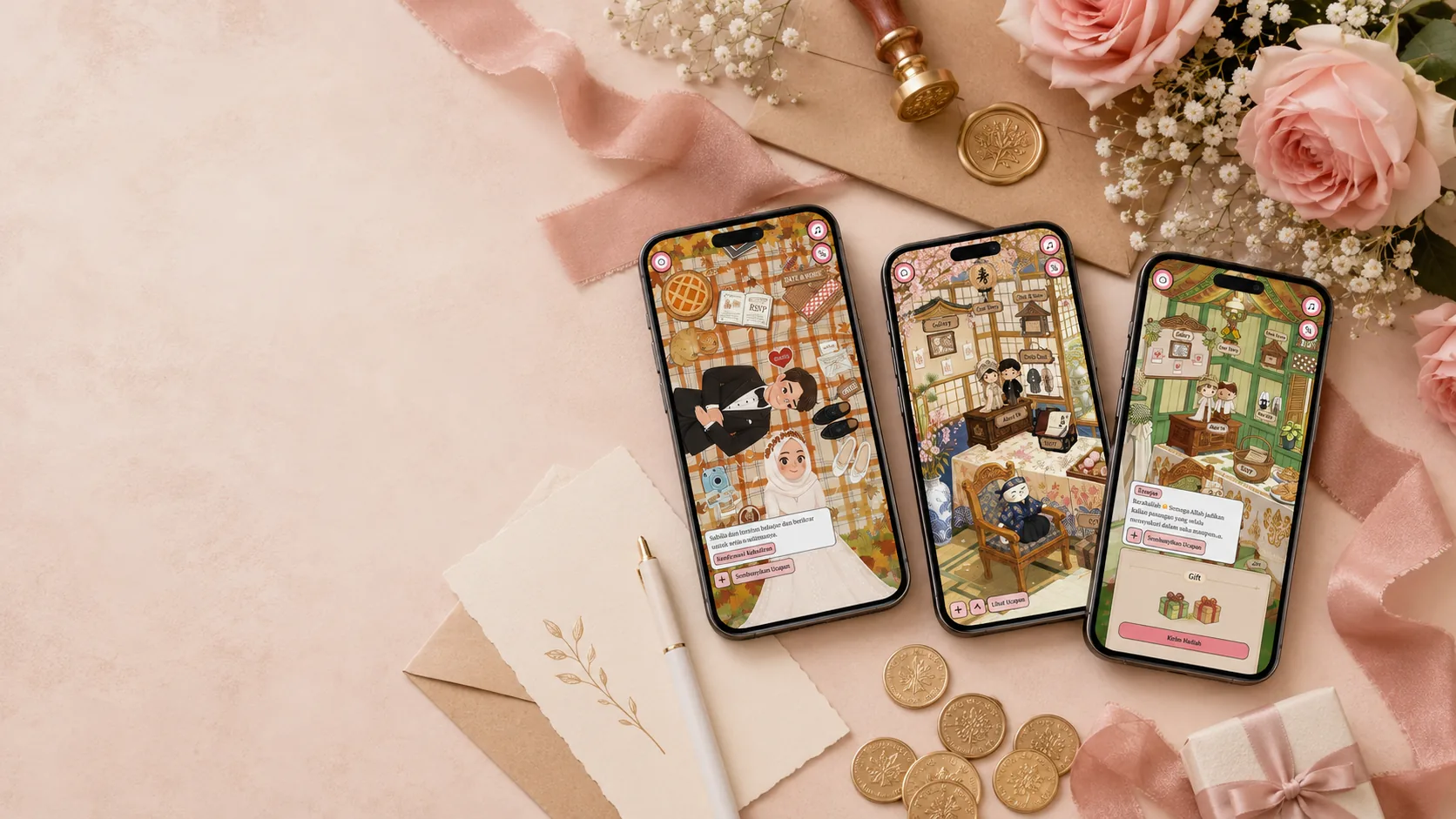 Amplop digital ditampilkan di layar ponsel bersama dekorasi pernikahan bernuansa blush