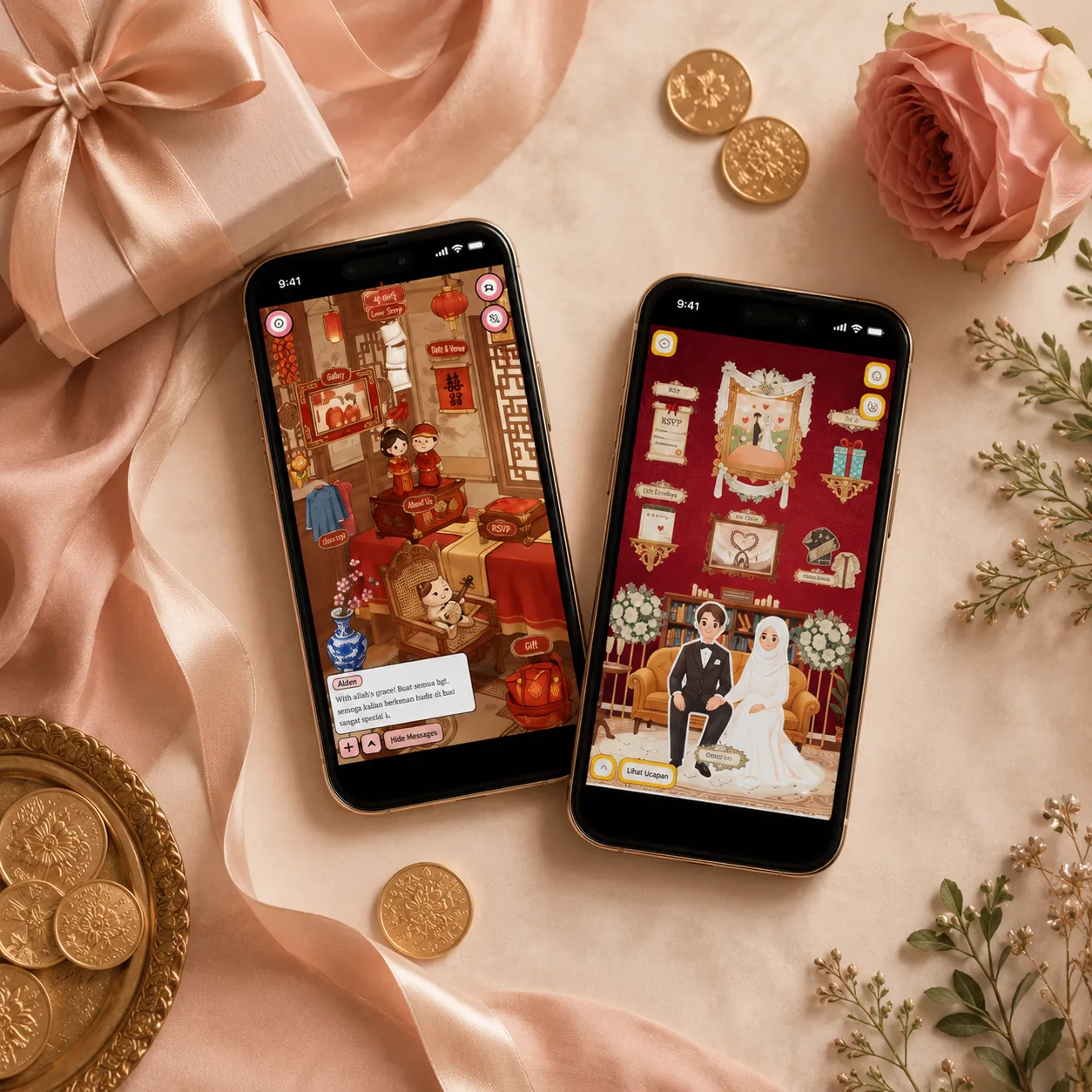 Bagian kado dan amplop digital ditampilkan di layar ponsel undangan pernikahan
