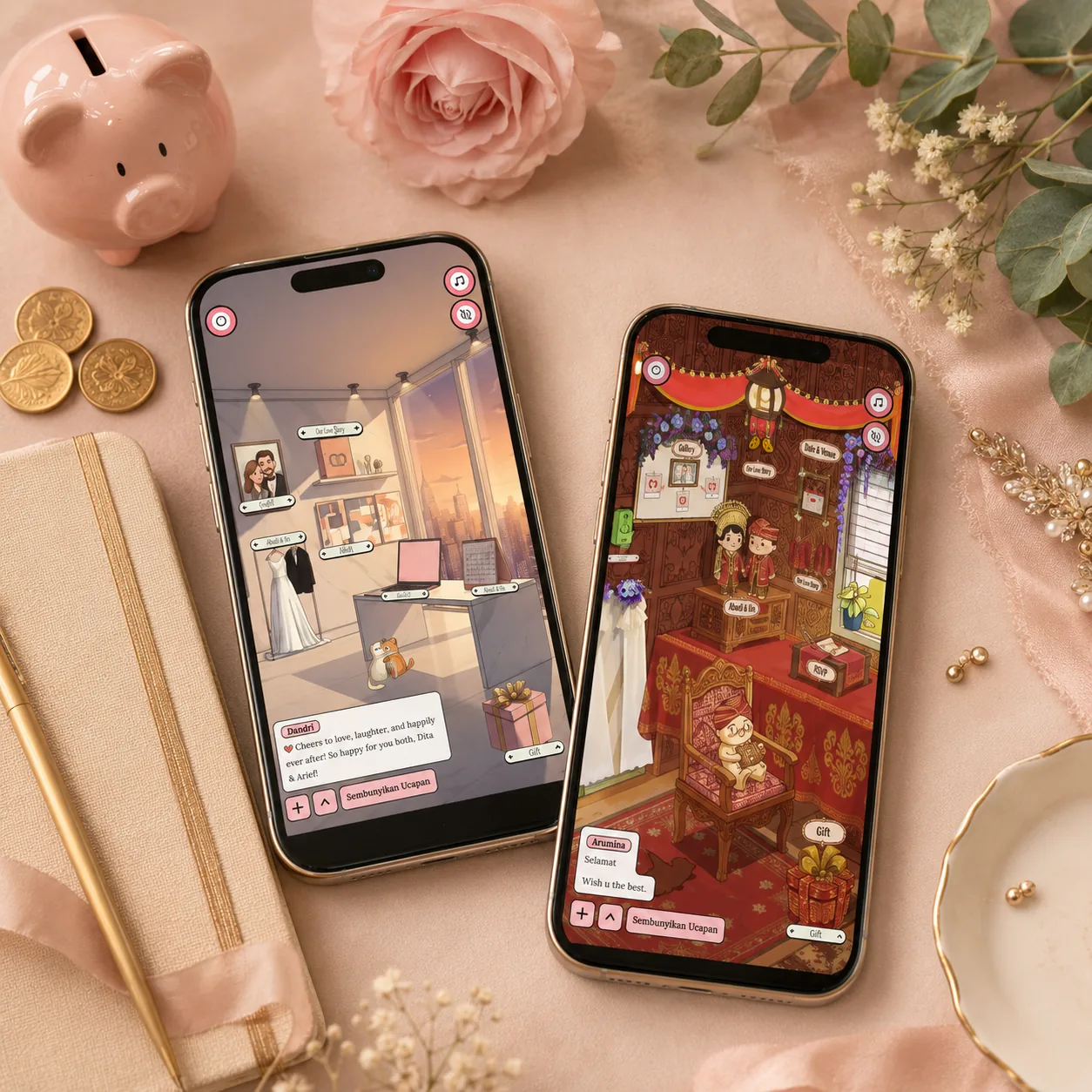 Dua ponsel menampilkan tema undangan digital berbeda di atas meja flat-lay dengan celengan kecil