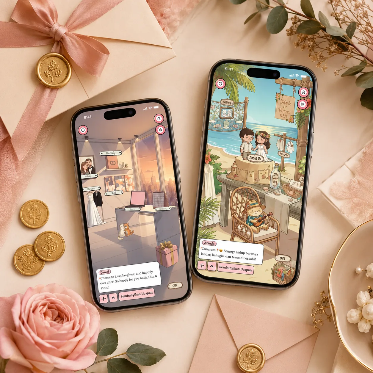 Smartphone menampilkan fitur amplop digital di undangan pernikahan