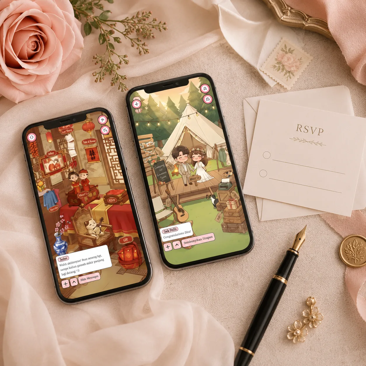 Dua ponsel menampilkan tema undangan berbeda dengan form RSVP di atas meja flat-lay bernuansa blush