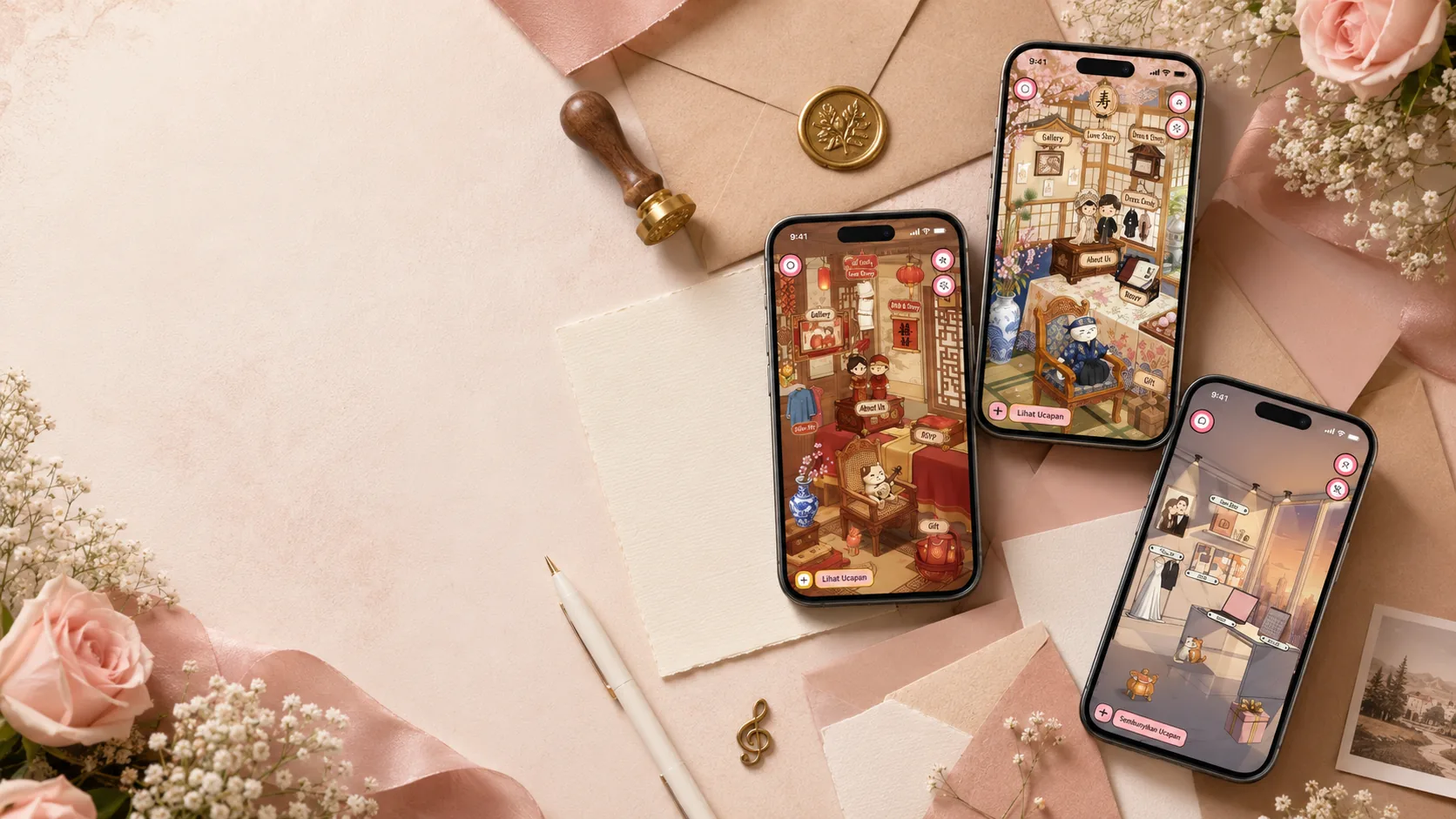 Fitur undangan digital seperti RSVP dan galeri foto ditampilkan di layar ponsel