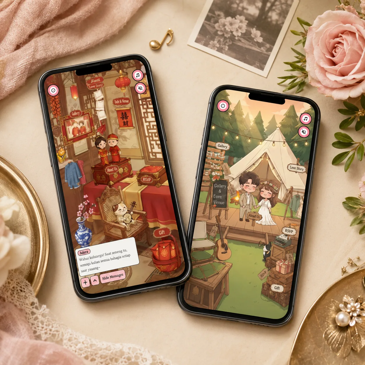 Navigasi fitur RSVP, galeri, dan gift di undangan digital ditampilkan di layar ponsel