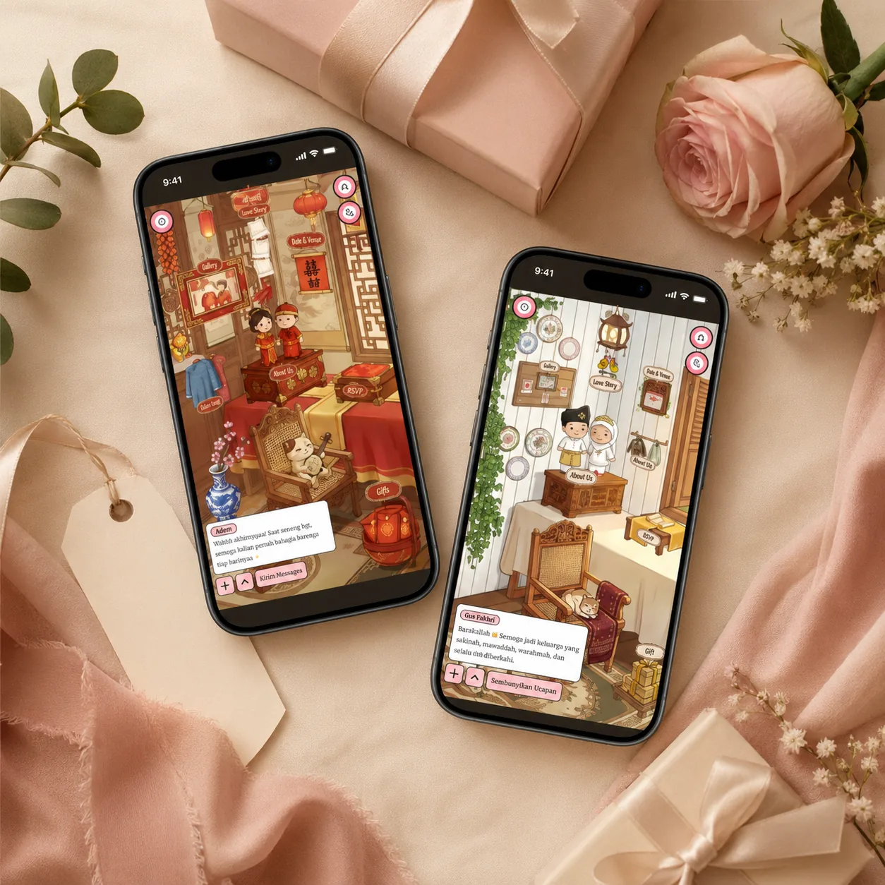Dua smartphone menampilkan tema undangan digital berbeda dengan fitur kado di dalamnya