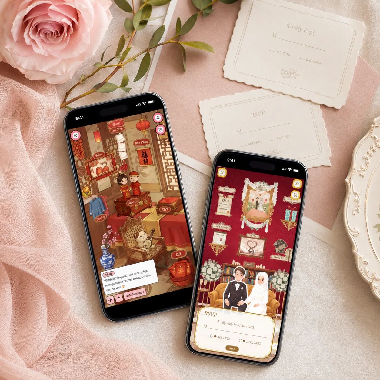 Ilustrasi pasangan pengantin memantau RSVP online dari undangan digital