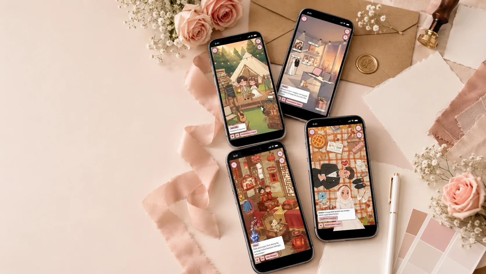 Kumpulan tema undangan digital ditampilkan di layar ponsel di atas meja dekorasi pernikahan