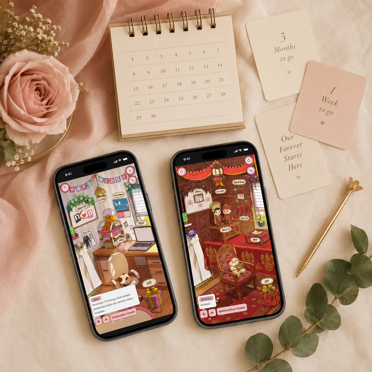 Kalender meja dan smartphone menampilkan tema undangan digital untuk persiapan pernikahan