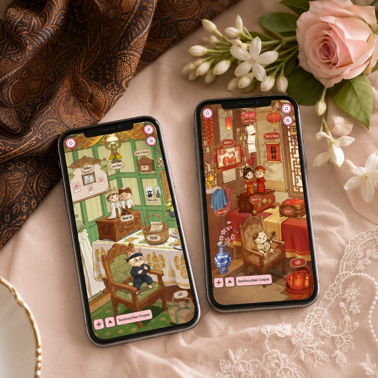 Ilustrasi pengantin Jawa mengenakan blangkon dan kebaya berdiri di bawah gebyok dan joglo dengan untaian melati, tema undangan digital adat Jawa
