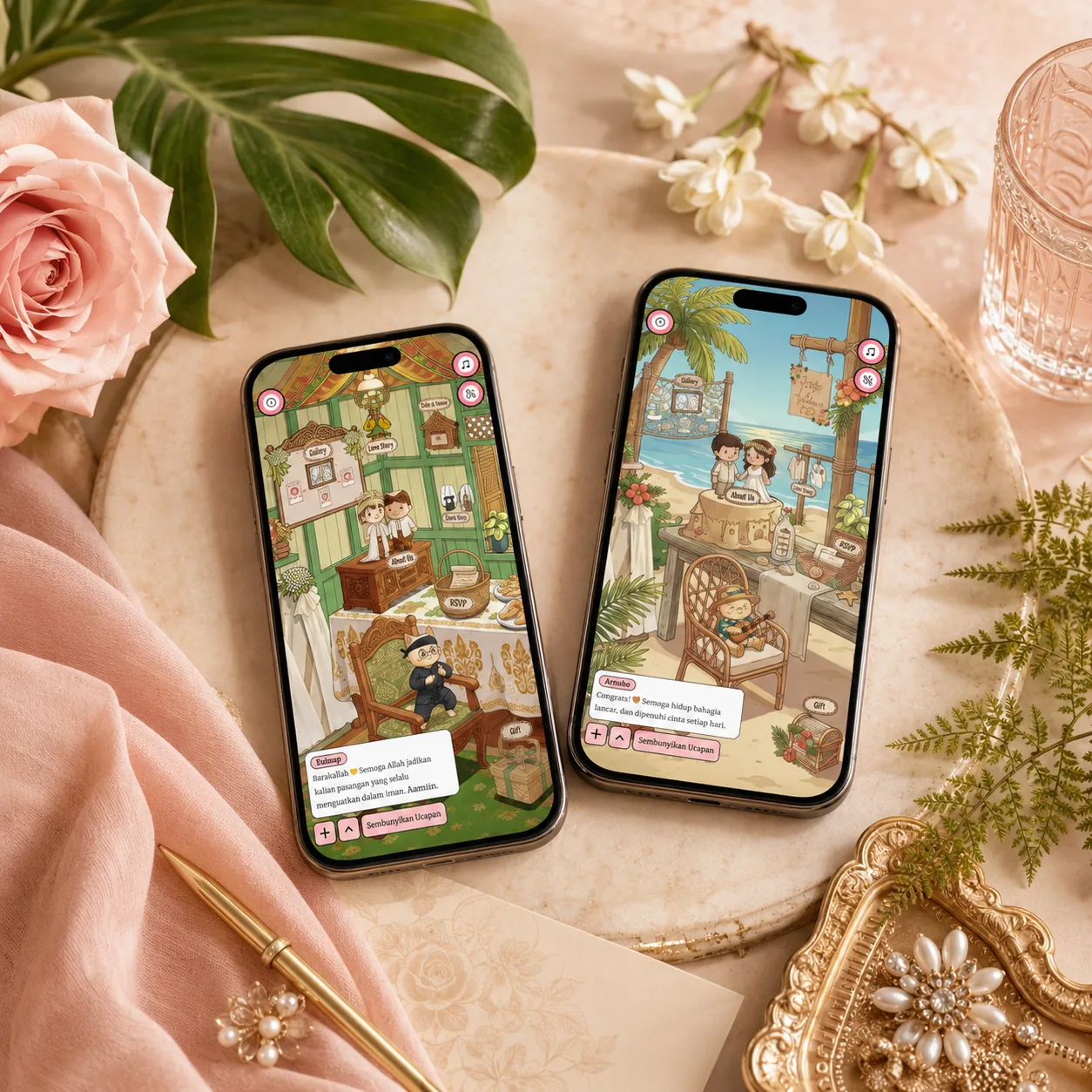 Smartphone menampilkan tema undangan digital nuansa Sunda dengan warna hijau