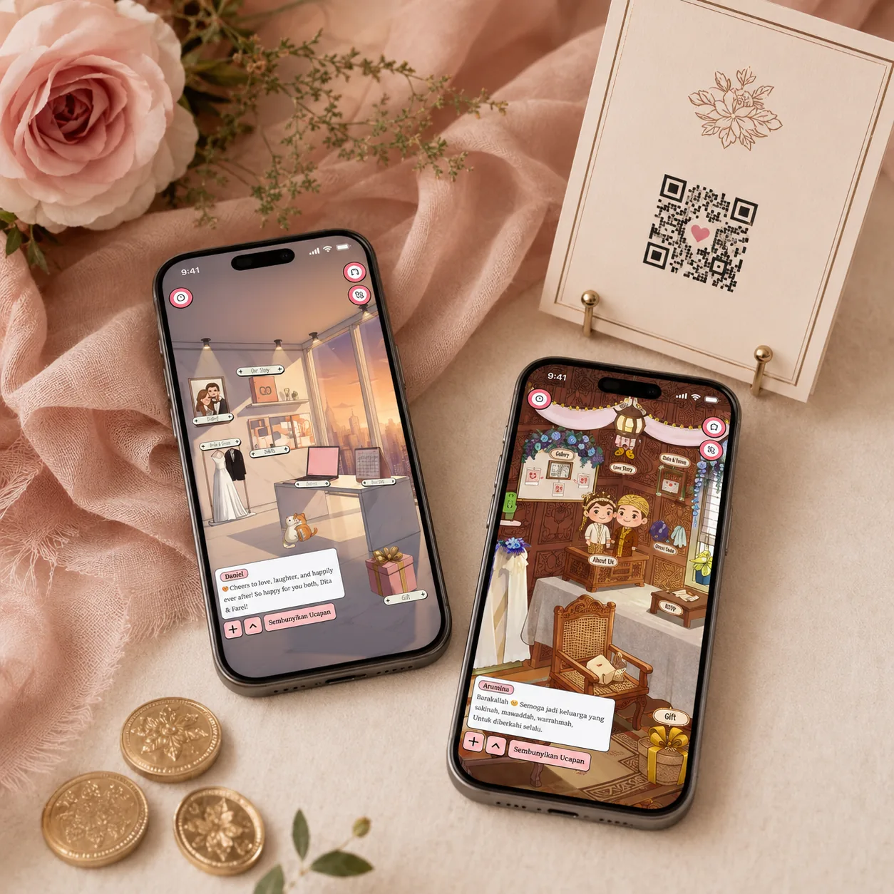 Dua smartphone menampilkan bagian amplop digital QRIS pada undangan pernikahan bertema berbeda