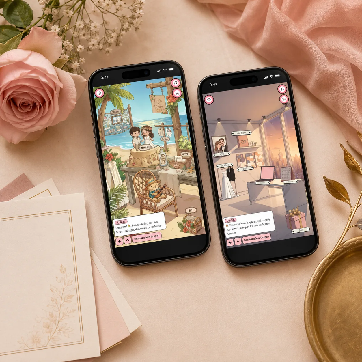 Contoh undangan digital pernikahan ditampilkan di beberapa tema pada layar ponsel