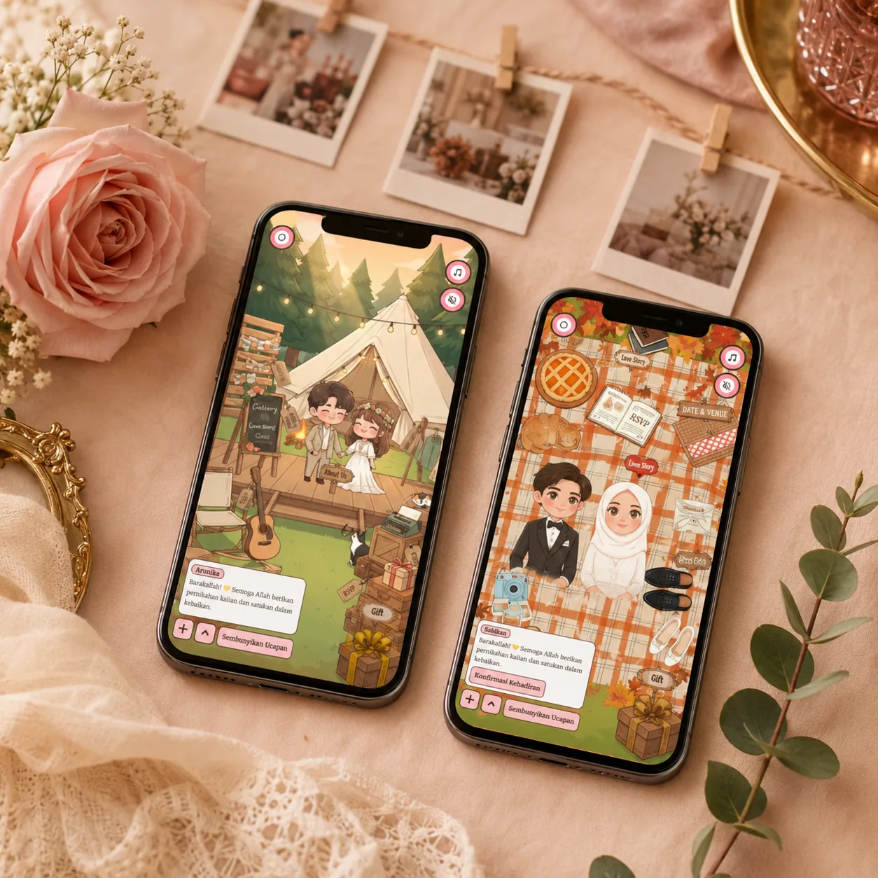Galeri foto undangan digital ditampilkan di layar ponsel dengan beberapa tema berbeda