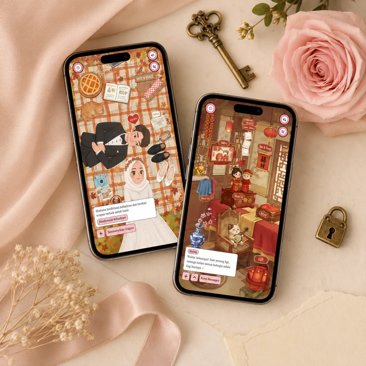 Dua smartphone menampilkan fitur amplop digital pada tema undangan pernikahan berbeda