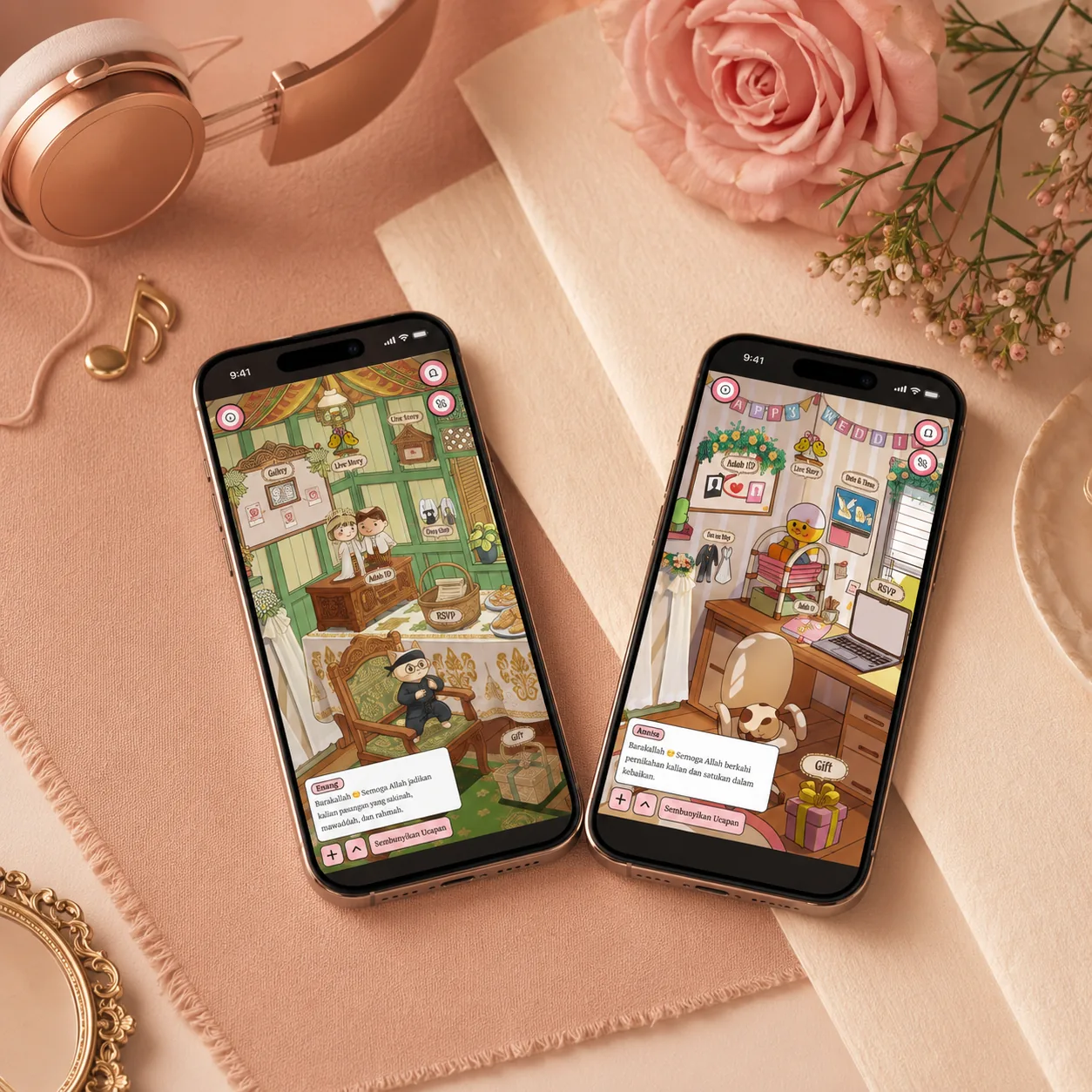 Dua smartphone menampilkan tema undangan digital berbeda dengan kontrol musik latar