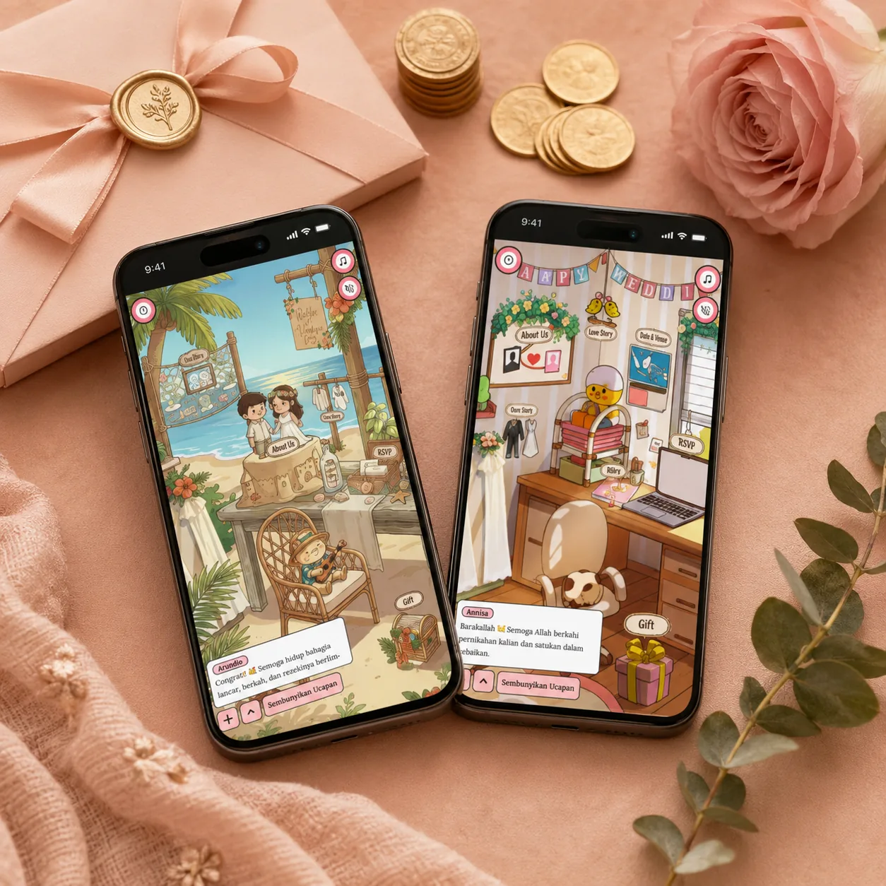 Dua ponsel menampilkan bagian amplop digital di undangan dengan tumpukan koin di atas meja flat-lay