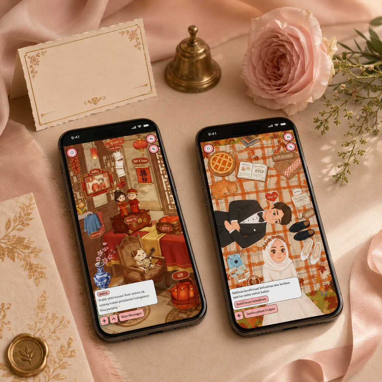 Dua smartphone menampilkan undangan digital dengan fitur RSVP dan QR check-in tamu