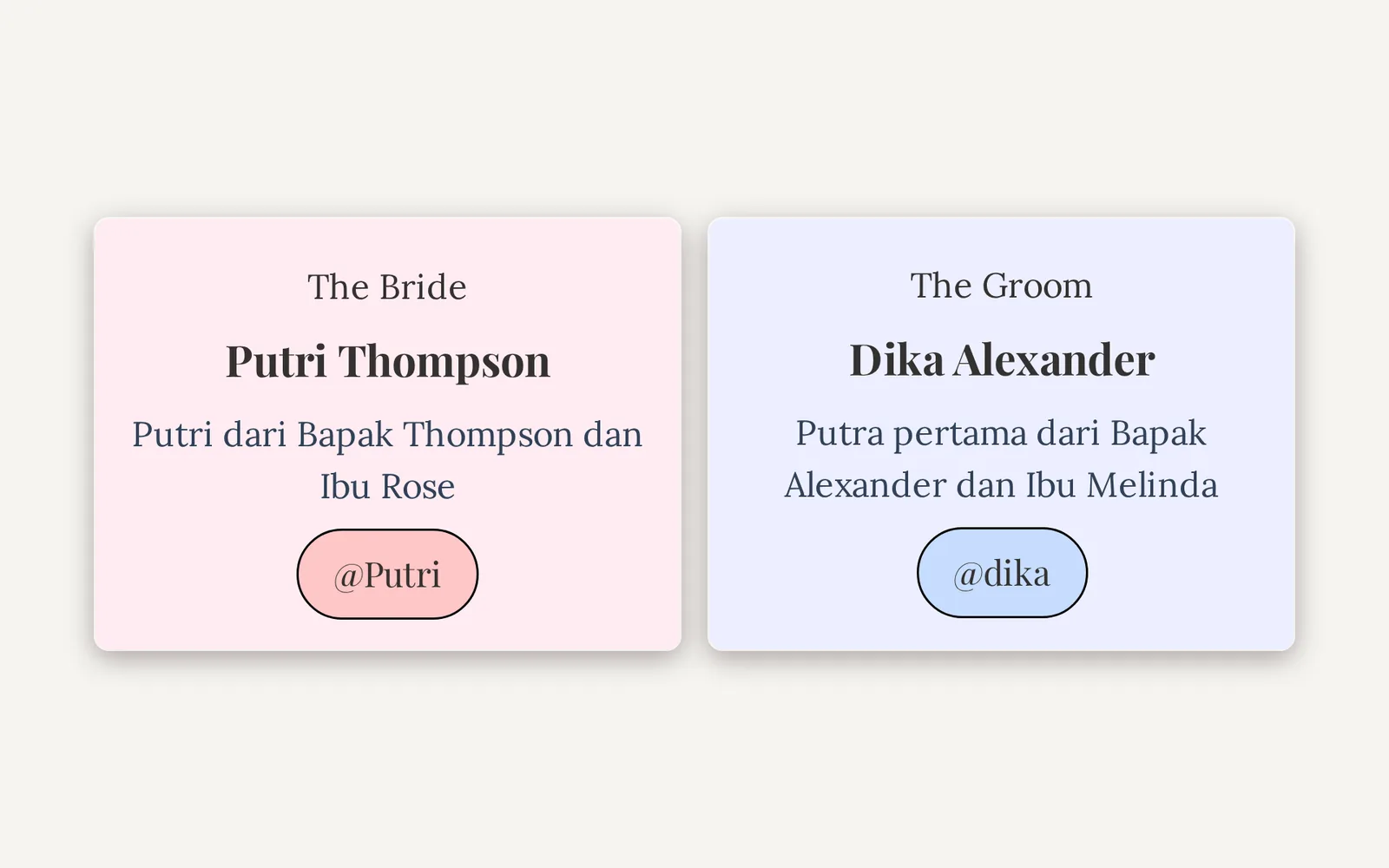 Panel data mempelai di demo tema Aruma – Batak berisi nama dan keterangan orang tua