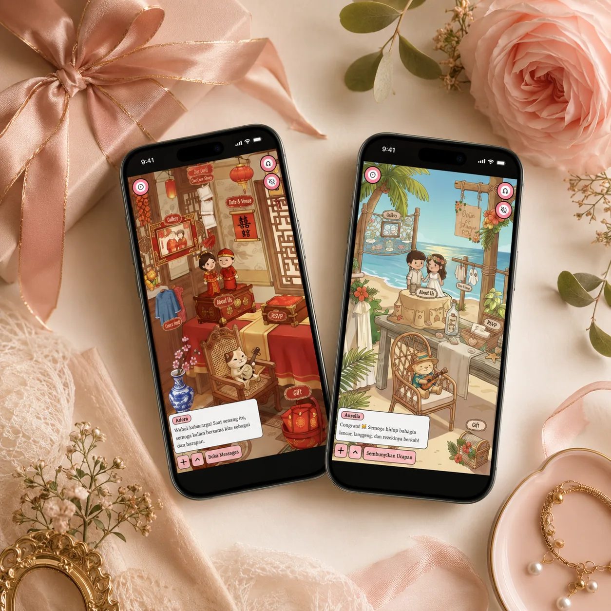 Dua tema undangan digital Abadikan di layar ponsel, lengkap dengan tombol RSVP dan Gift
