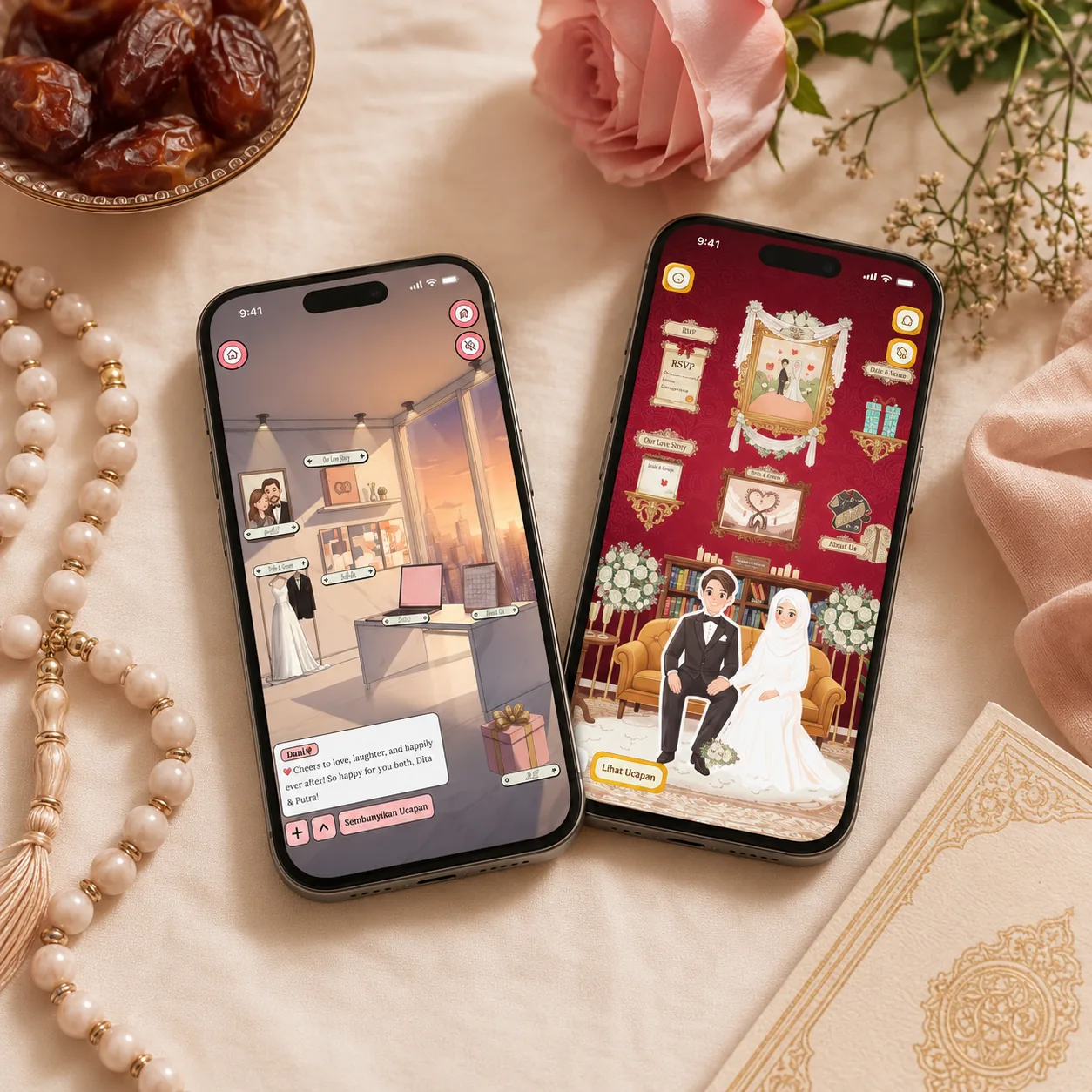 Dua smartphone menampilkan tema undangan digital islami dengan nuansa warna kalem dan elegan