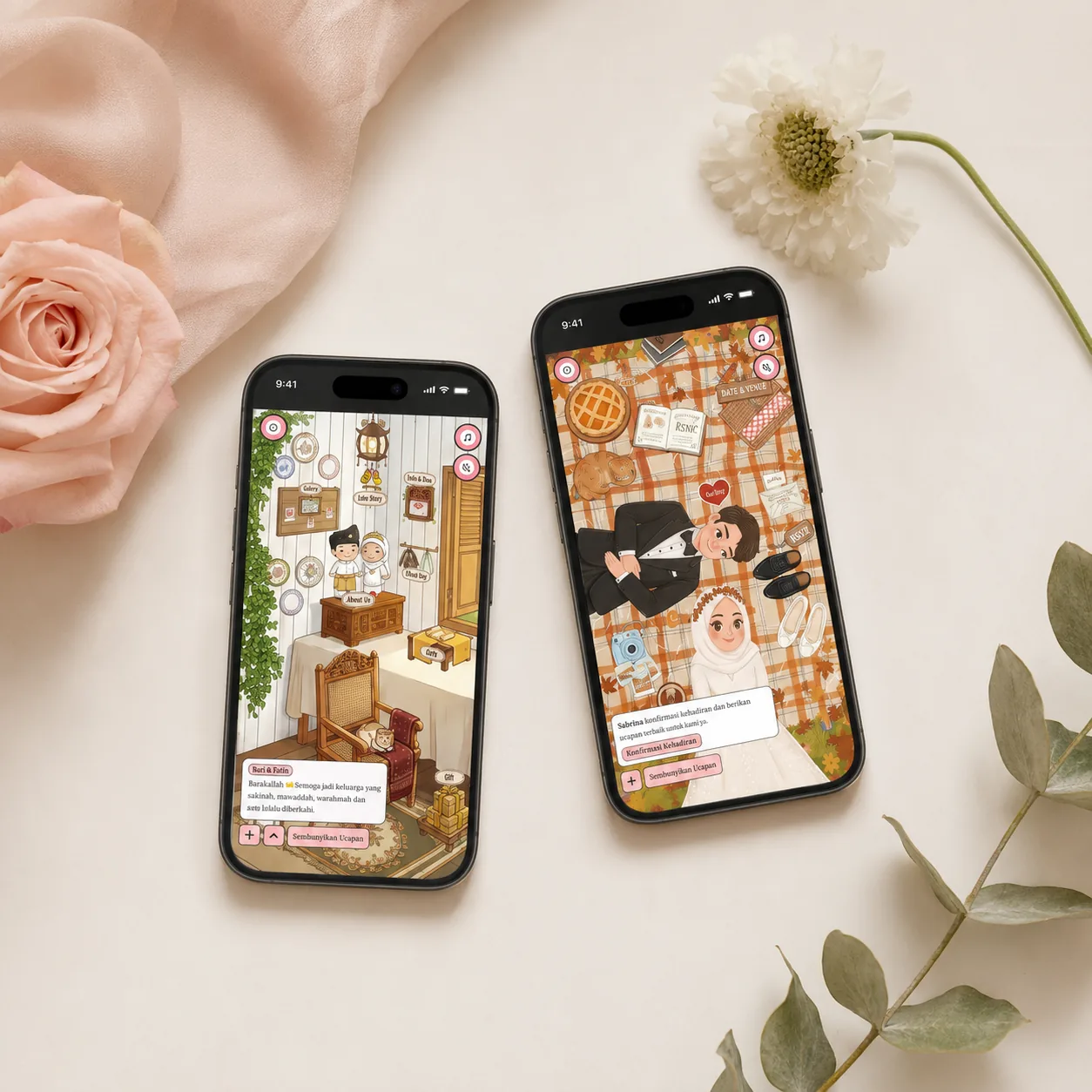 Dua smartphone menampilkan tema undangan digital minimalis putih dan bersih
