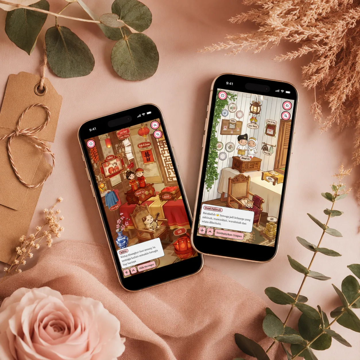 Undangan digital rustic dengan nuansa kayu dan eucalyptus di layar ponsel