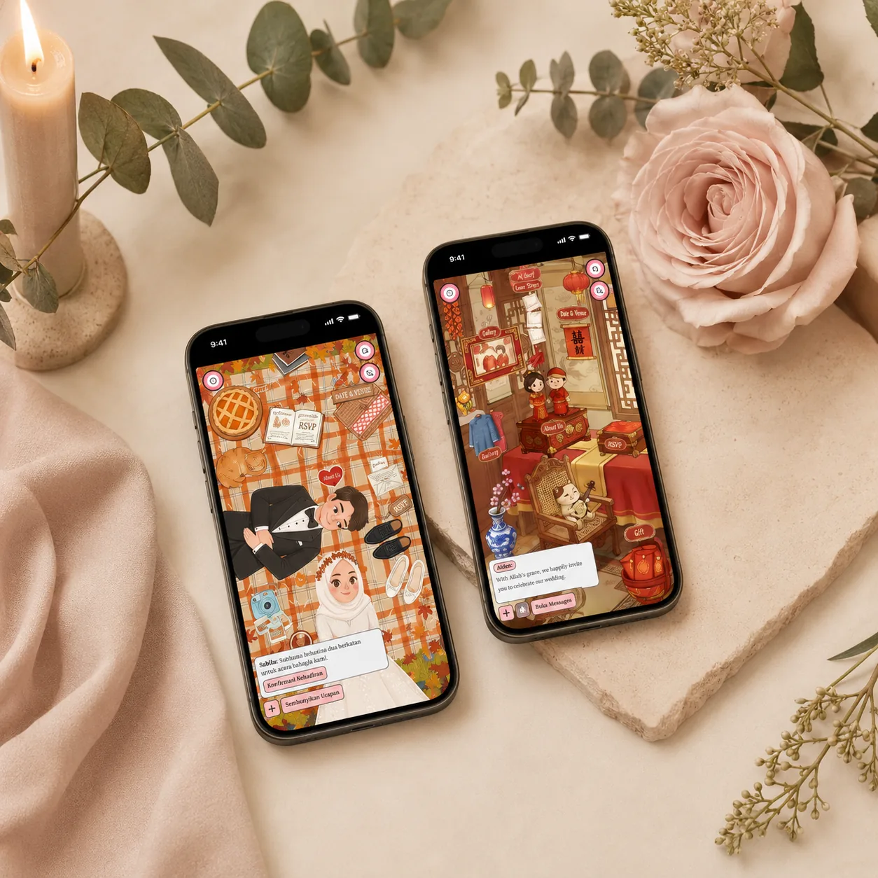 Dua smartphone menampilkan tema undangan pernikahan online yang berbeda