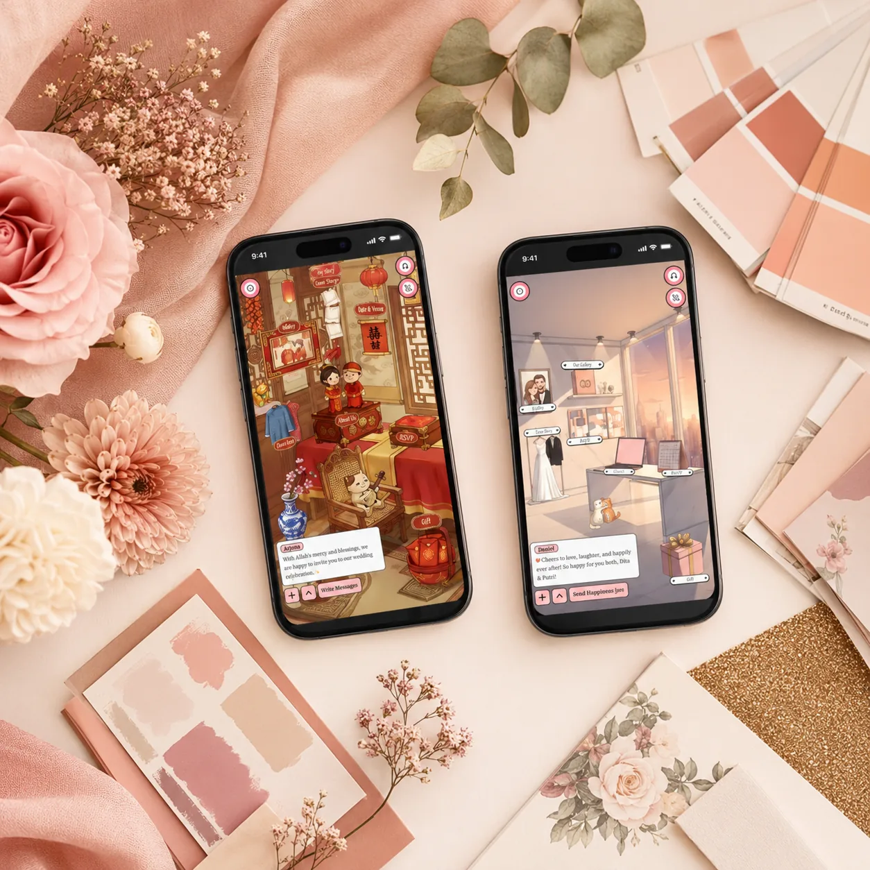 Kombinasi warna undangan pernikahan dengan color swatch dan bunga di atas meja
