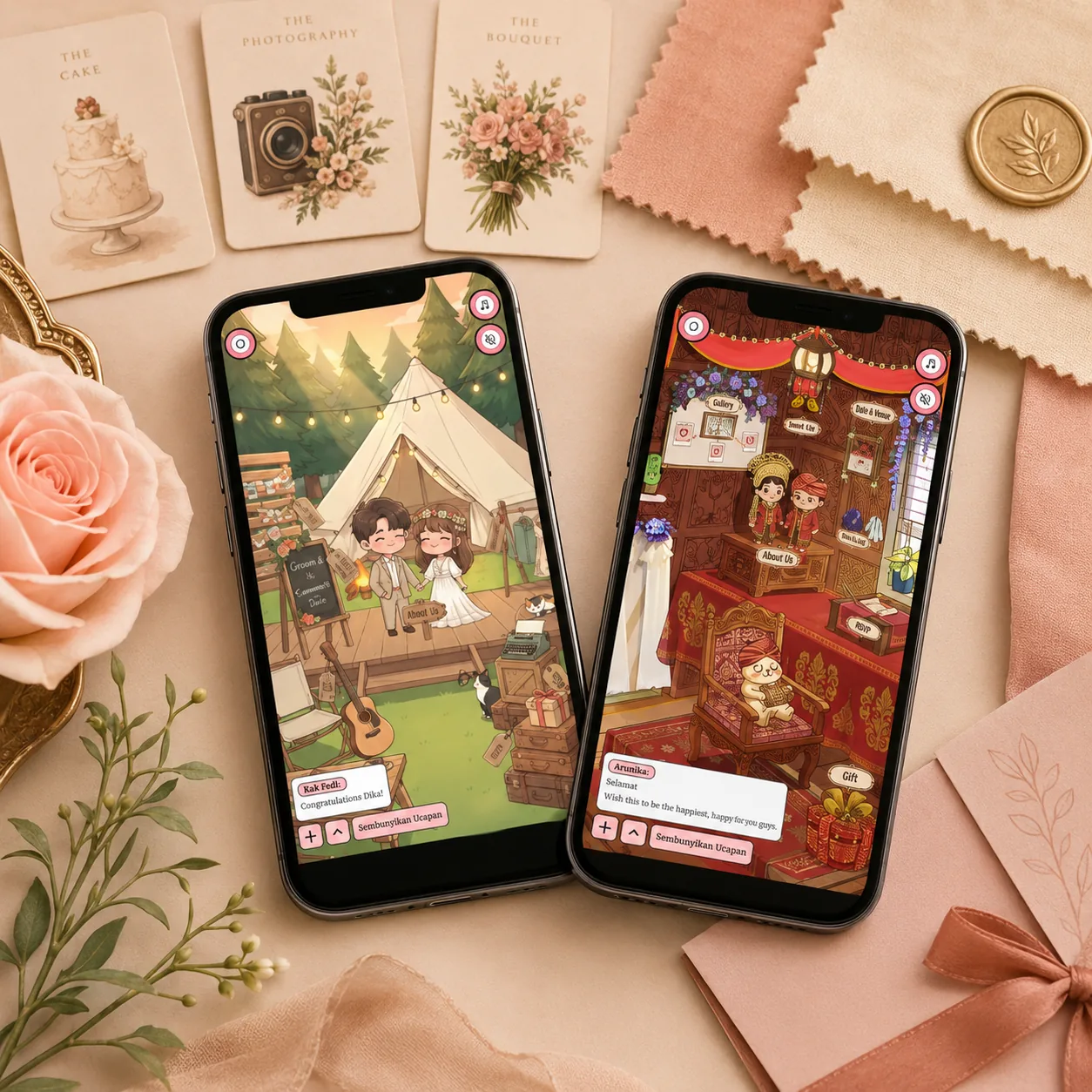 Dua HP menampilkan tema undangan digital berbeda di atas meja flat-lay dengan kartu vendor