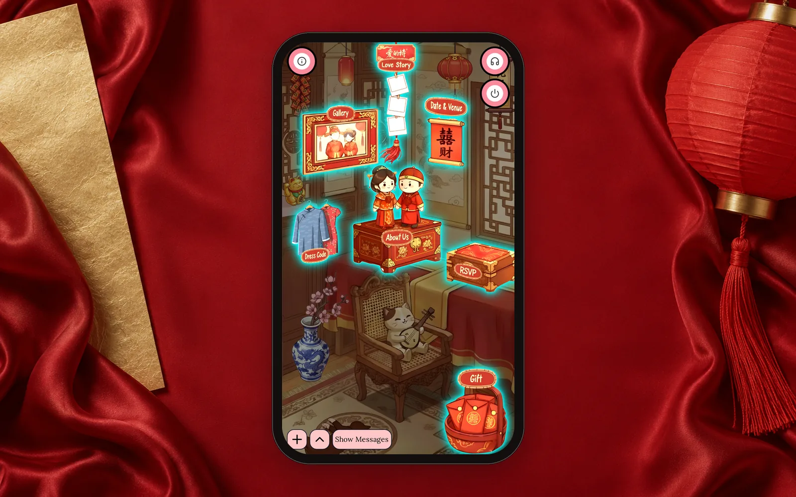 Tema undangan digital Aruma varian Chinese di layar HP: ruangan bernuansa merah-emas dengan simbol 囍, lentera, dan pasangan berbusana tradisional