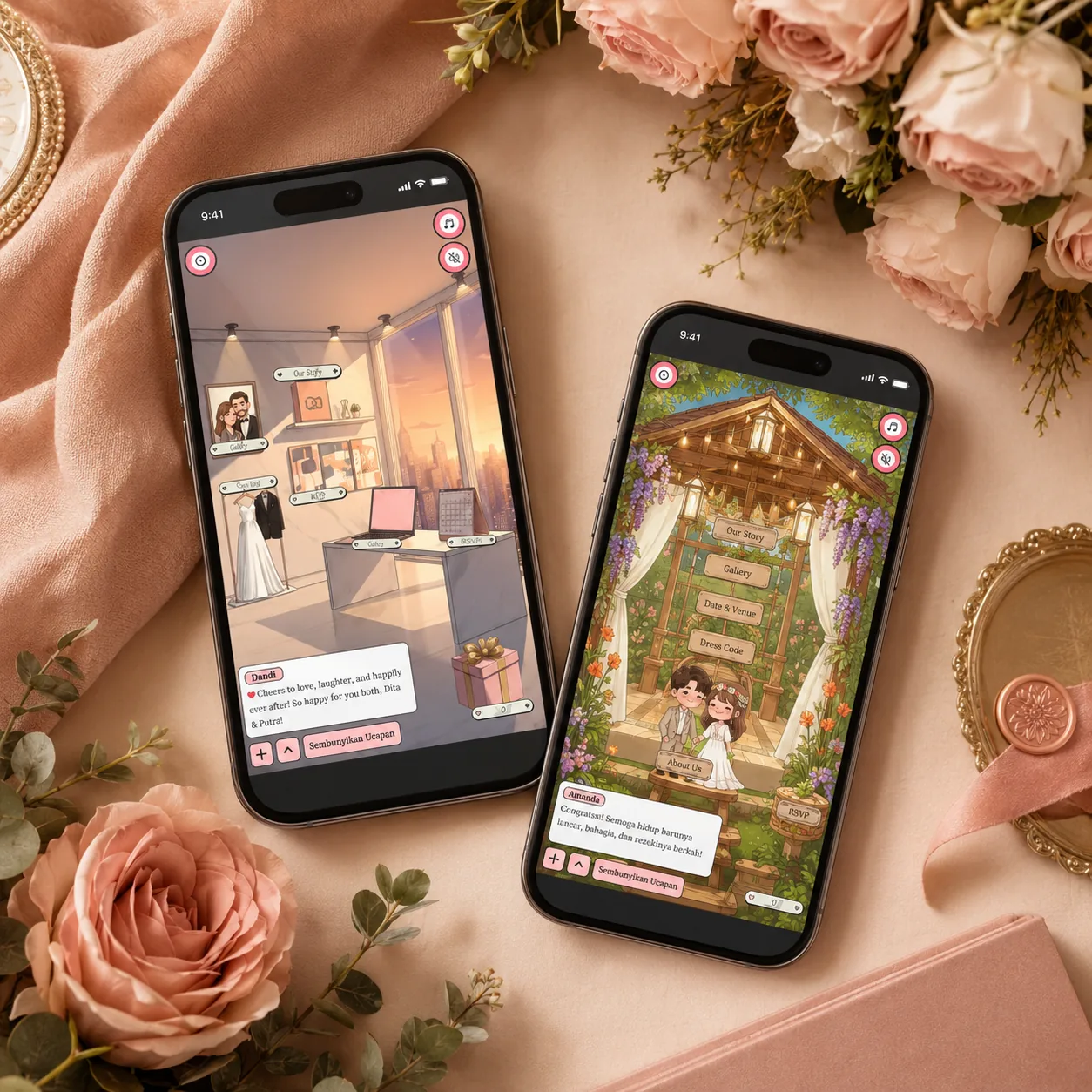 Contoh palet hijau dan bunga segar pada undangan digital tema garden