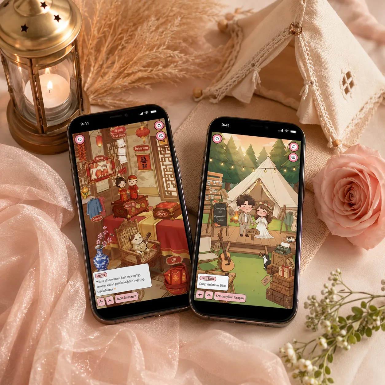 Contoh personalisasi tema outdoor glamping dengan musik dan galeri foto di undangan digital