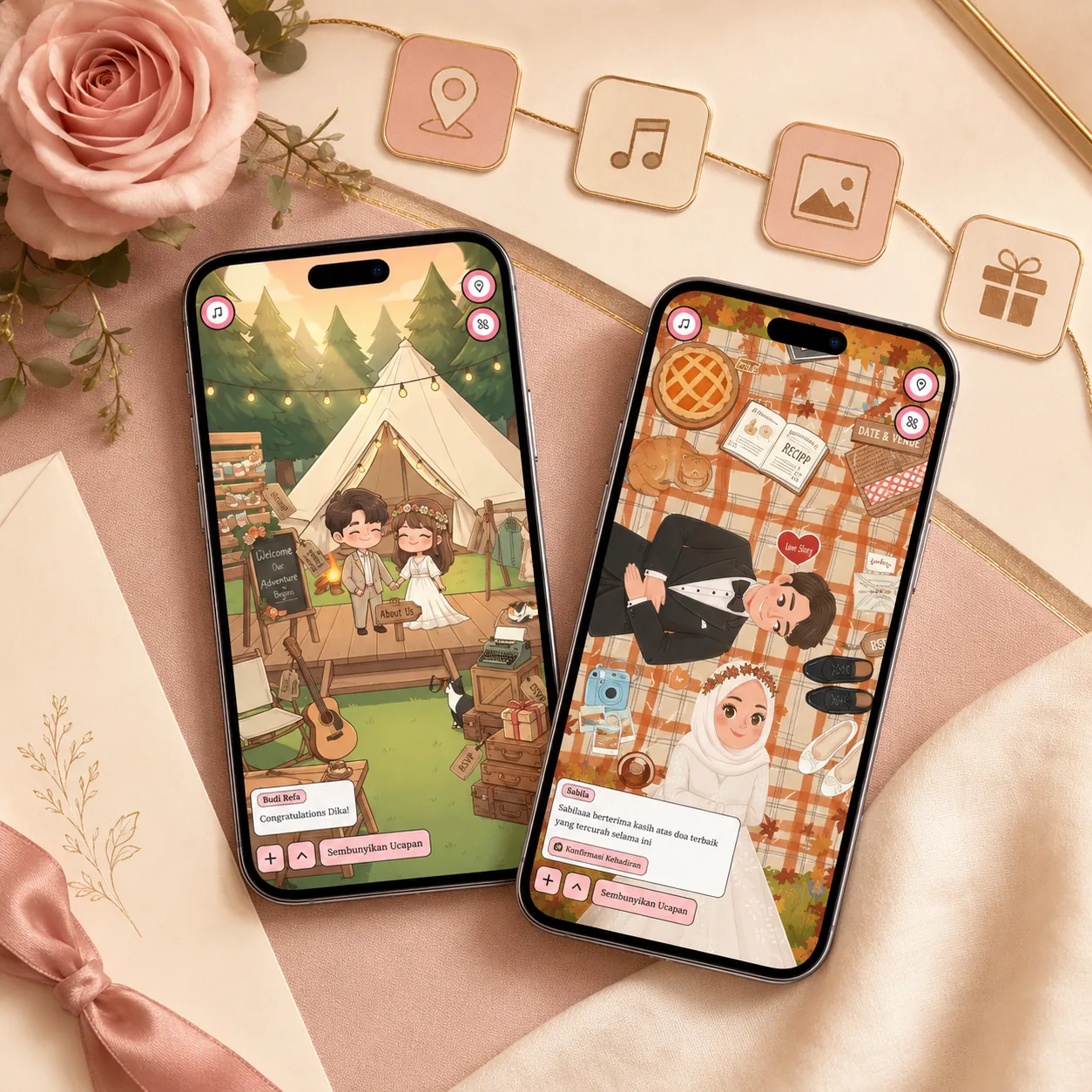 Dua HP menampilkan tema undangan digital berbeda dengan menu navigasi RSVP, galeri, dan hadiah