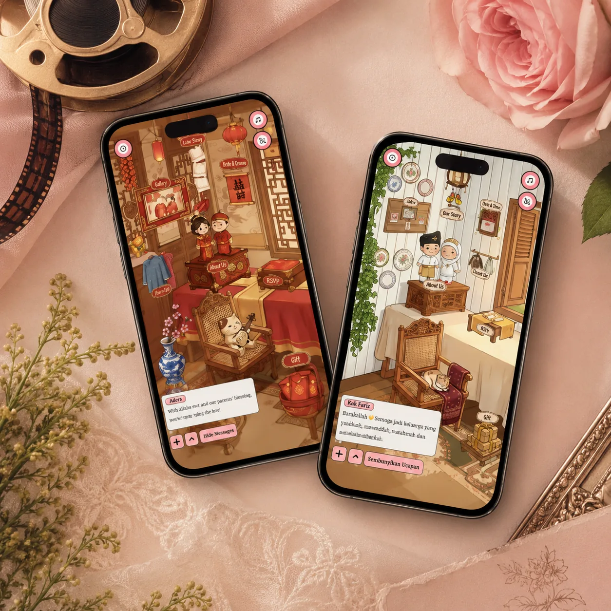 Dua HP menampilkan tema undangan digital berbeda di atas meja flat-lay dengan ornamen film reel