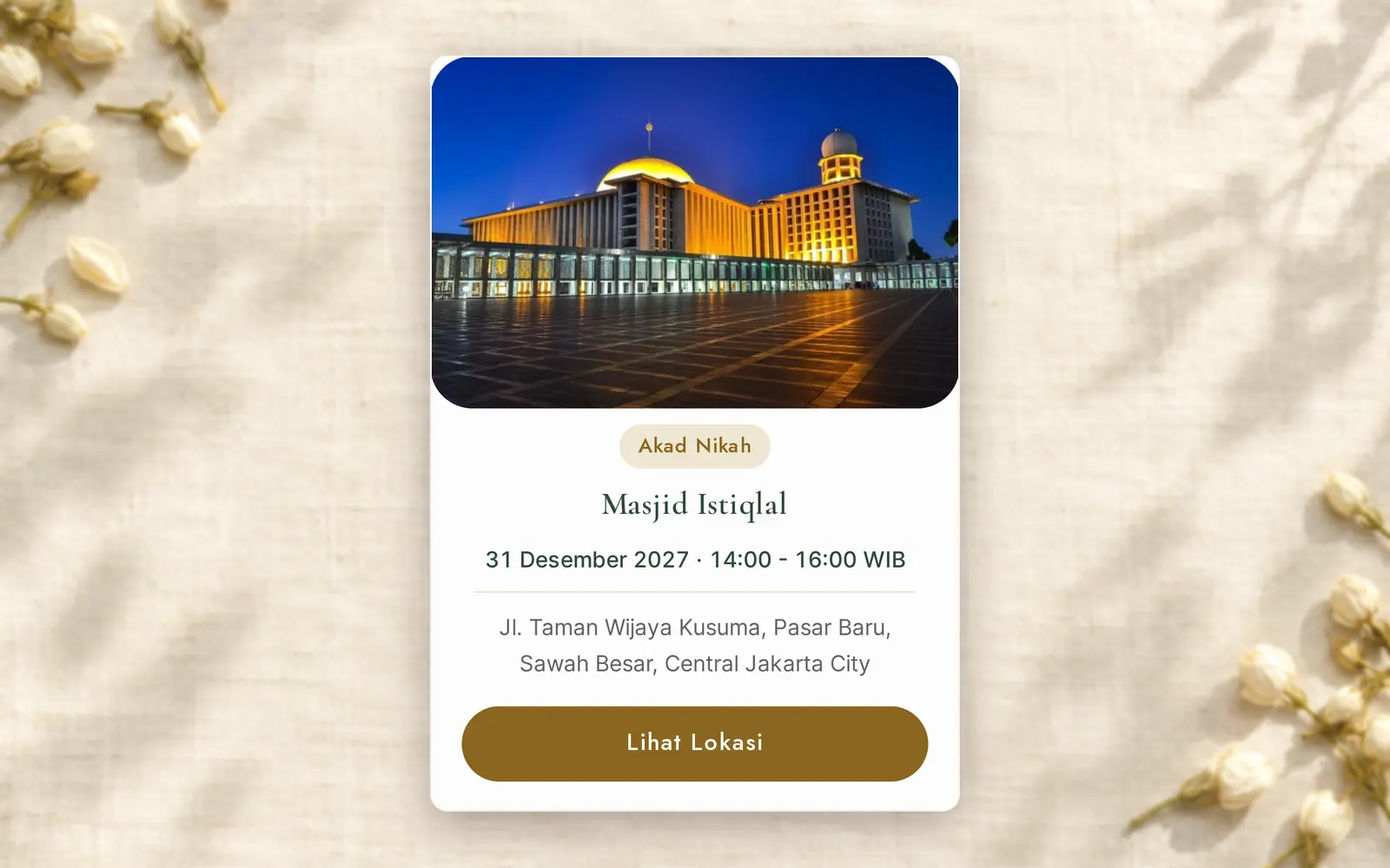 Kartu jadwal akad nikah di undangan digital tema Masjid Gading lengkap dengan jam, tempat, dan tombol Lihat Lokasi