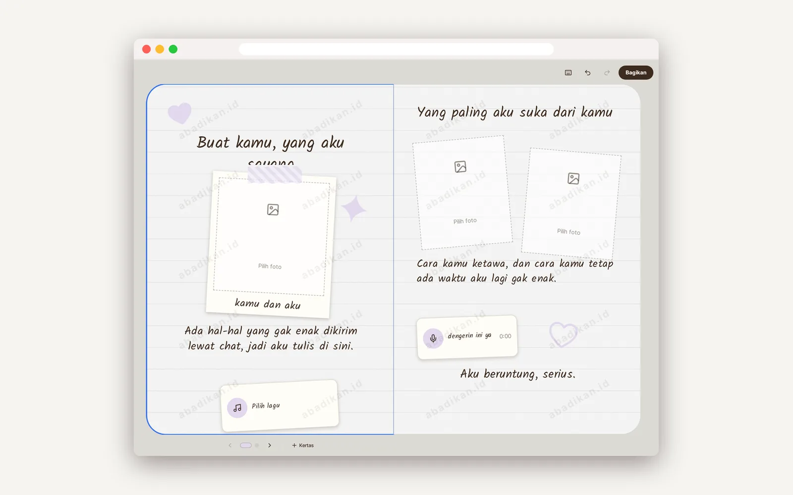 Editor ScrapMemo menampilkan dua lembar surat cinta untuk pacar berisi teks, slot foto, lagu, dan pesan suara