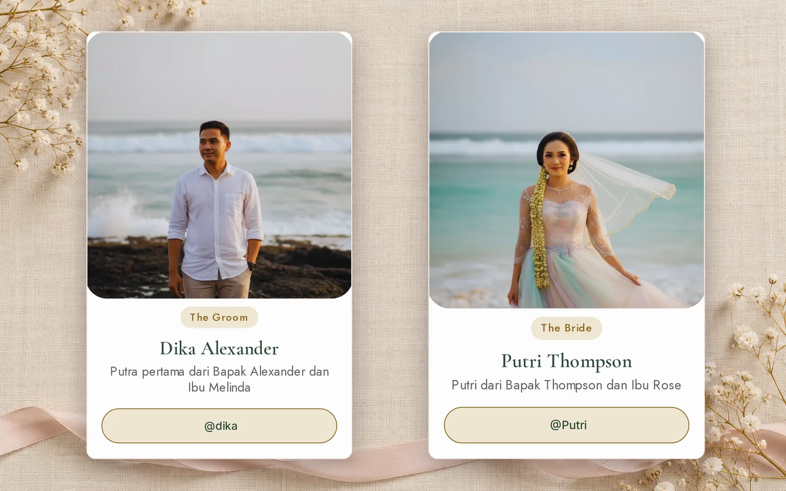 Bagian mempelai di undangan digital berisi nama lengkap pengantin dan nama orang tua, data yang perlu dibaca MC dengan tepat