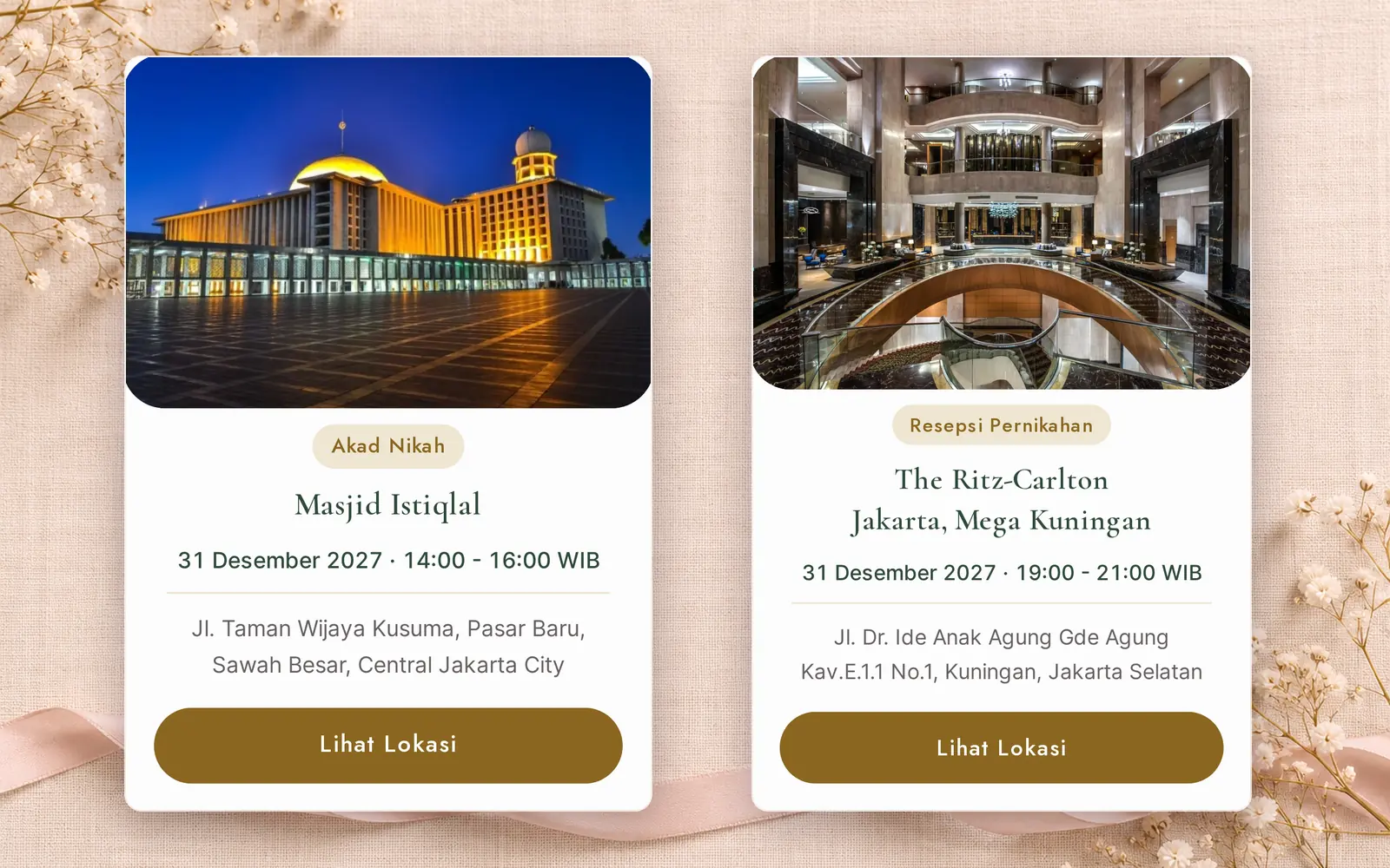 Kartu jadwal akad nikah dan resepsi pernikahan lengkap dengan jam dan lokasi di undangan digital